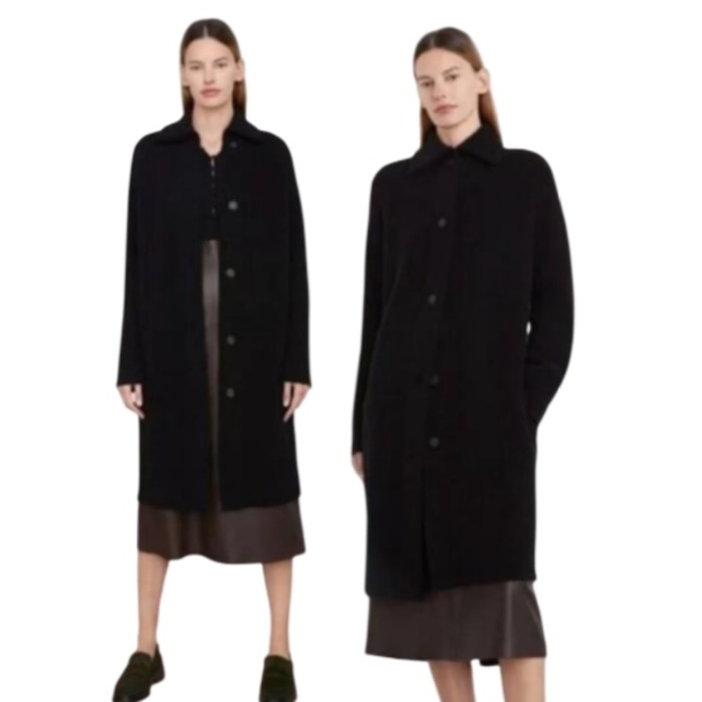 Vince Black Long Wool Blend Coat Minimalist Button Front Luxury Outerwear - Picture 2 of 14
